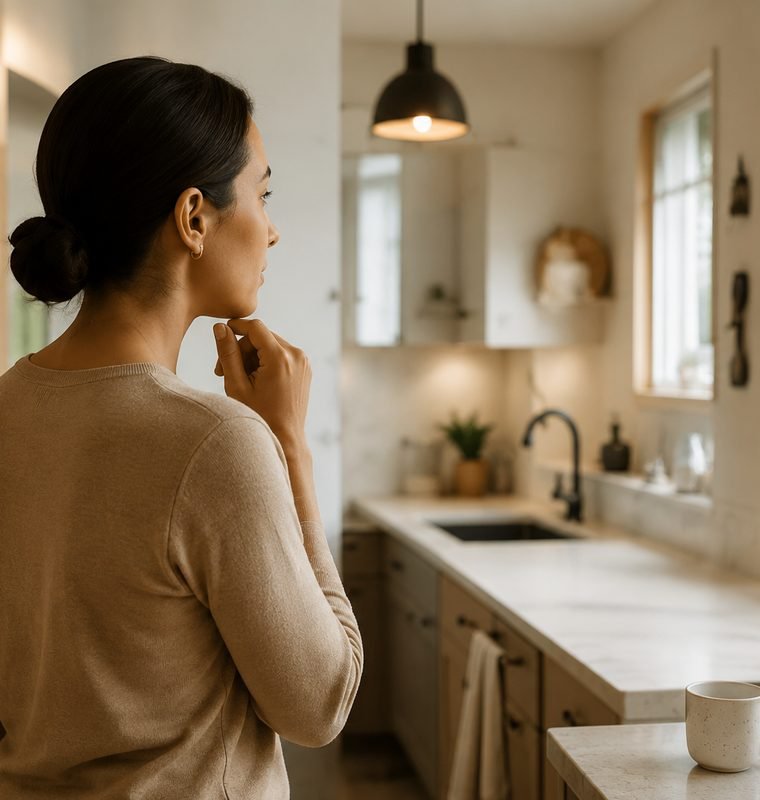 Cliente pensativa en su cocina, evaluando a quién confiarle un servicio para su hogar