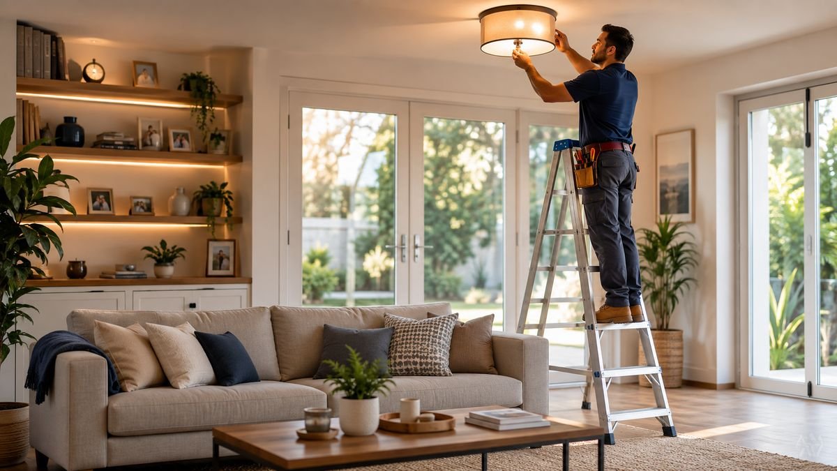 Profesional de ServiHogar instalando una lámpara de techo