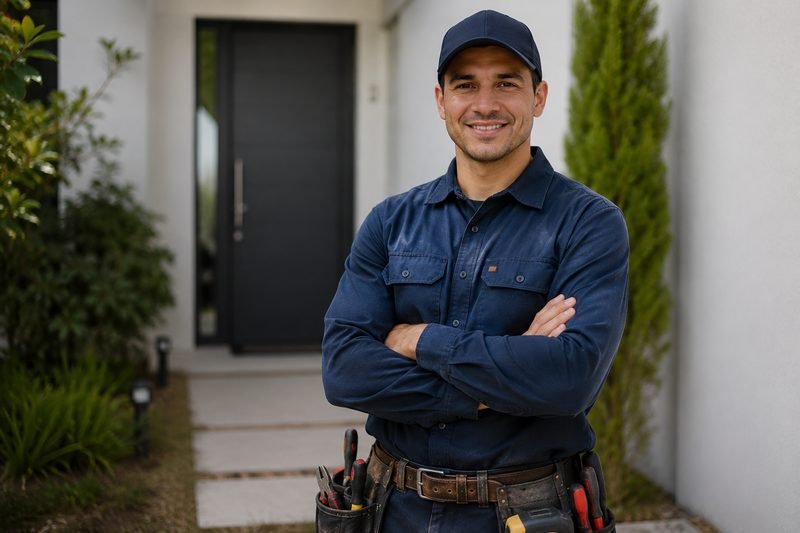 Profesional sonriendo frente a la puerta de un hogar